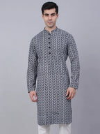 Jompers Men's Navy Blue & White embroidered Straight Kurta