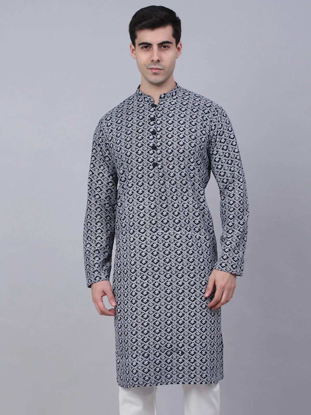 Jompers Men's Navy Blue & White embroidered Straight Kurta