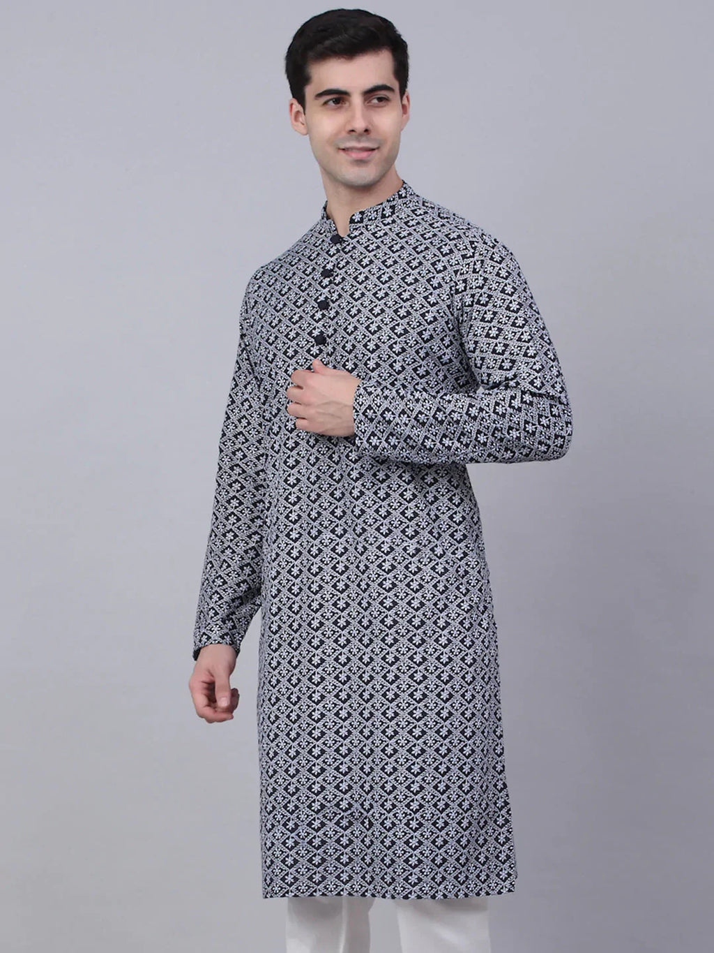 Jompers Men's Navy Blue & White embroidered Straight Kurta