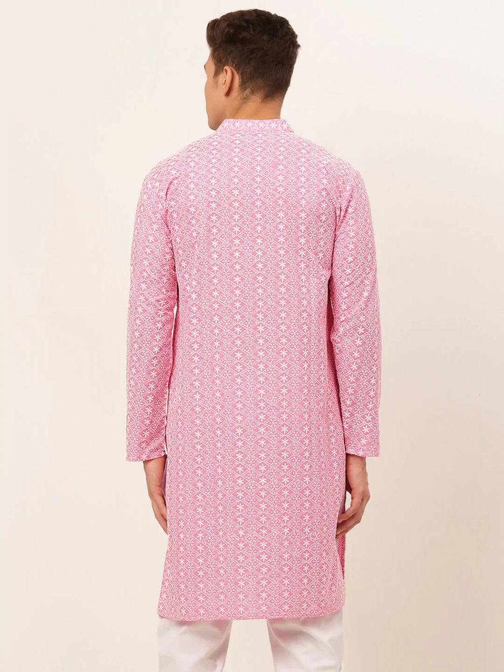 Jompers Men's Pink & White Embroidered Straight Kurta