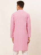 Jompers Men's Pink & White Embroidered Straight Kurta