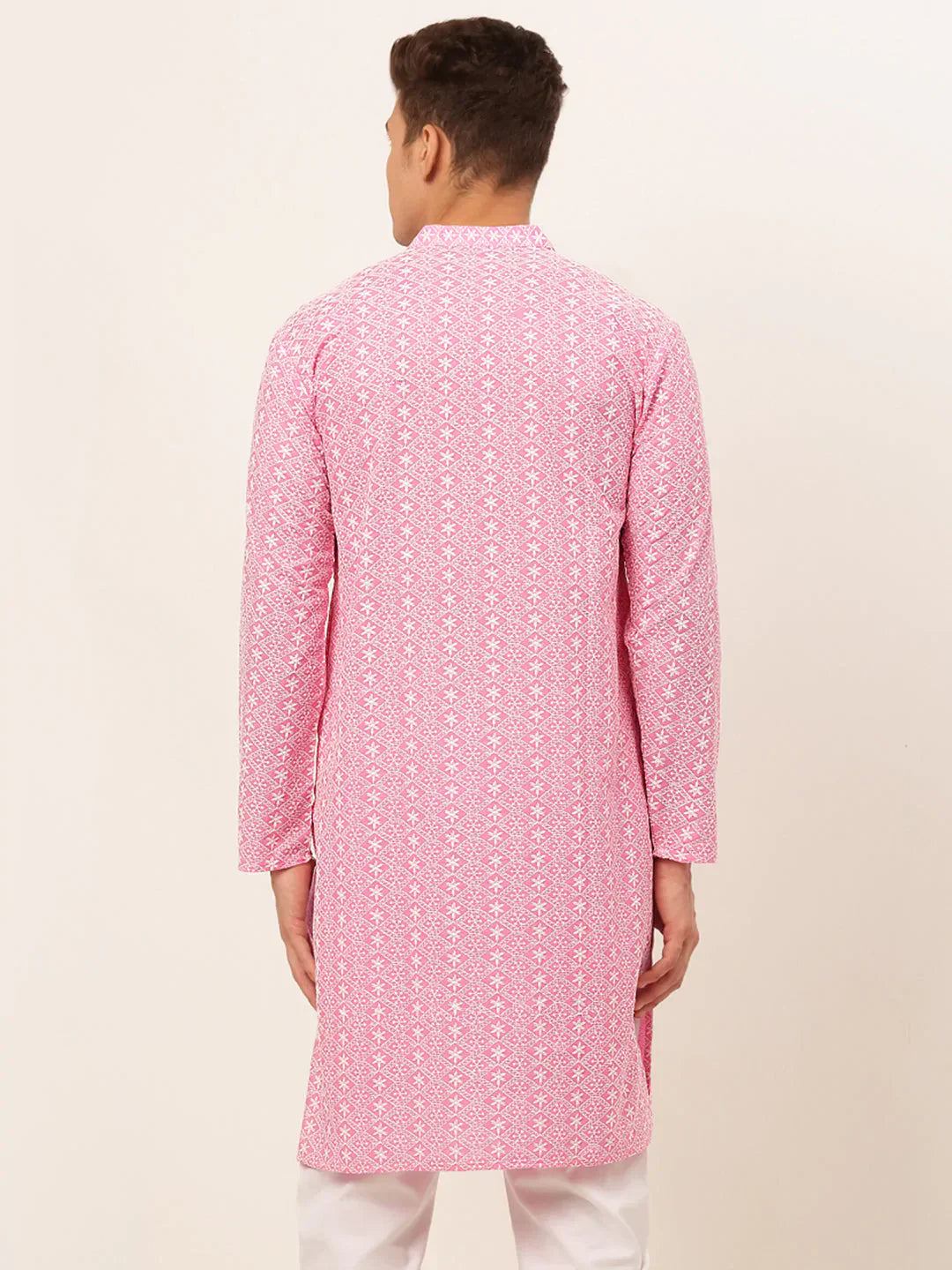 Jompers Men's Pink & White Embroidered Straight Kurta
