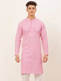 Jompers Men's Pink & White Embroidered Straight Kurta