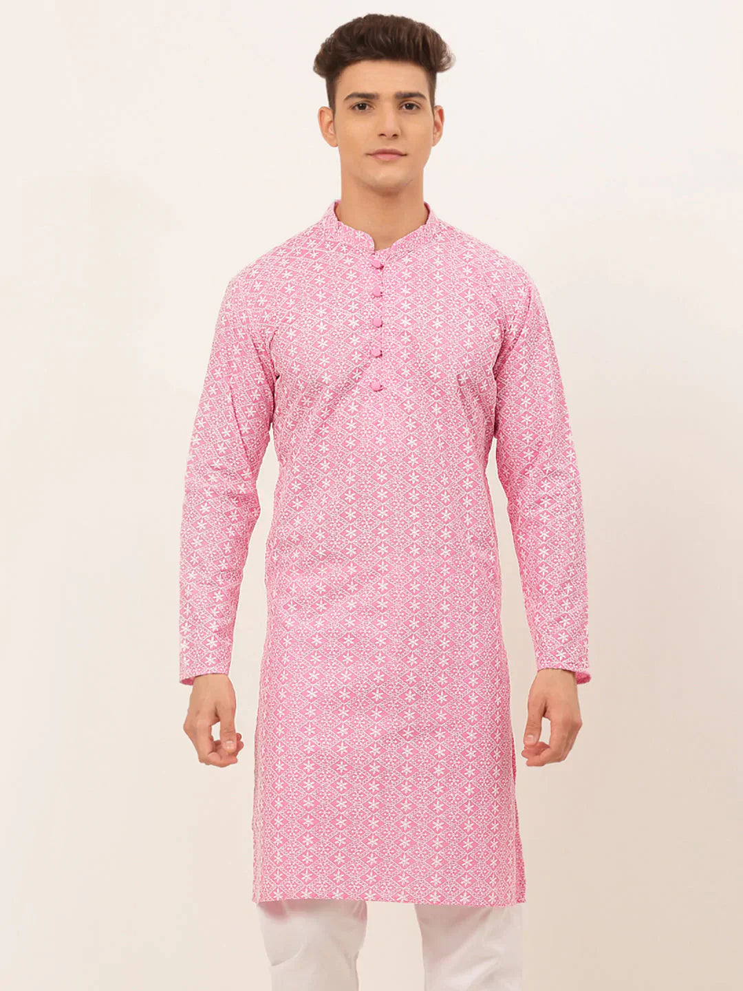 Jompers Men's Pink & White Embroidered Straight Kurta