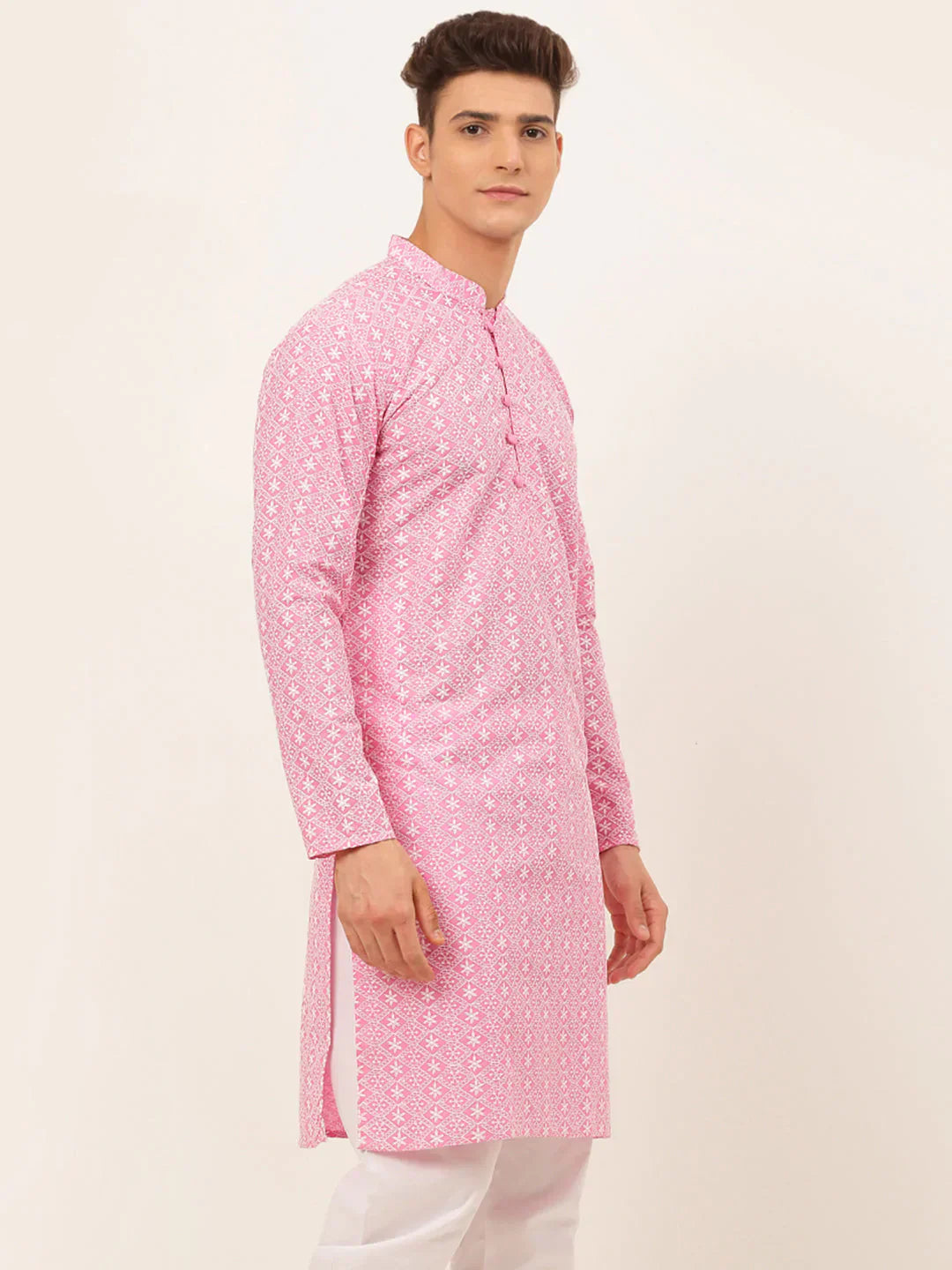 Jompers Men's Pink & White Embroidered Straight Kurta