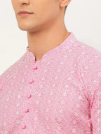 Jompers Men's Pink & White Embroidered Straight Kurta