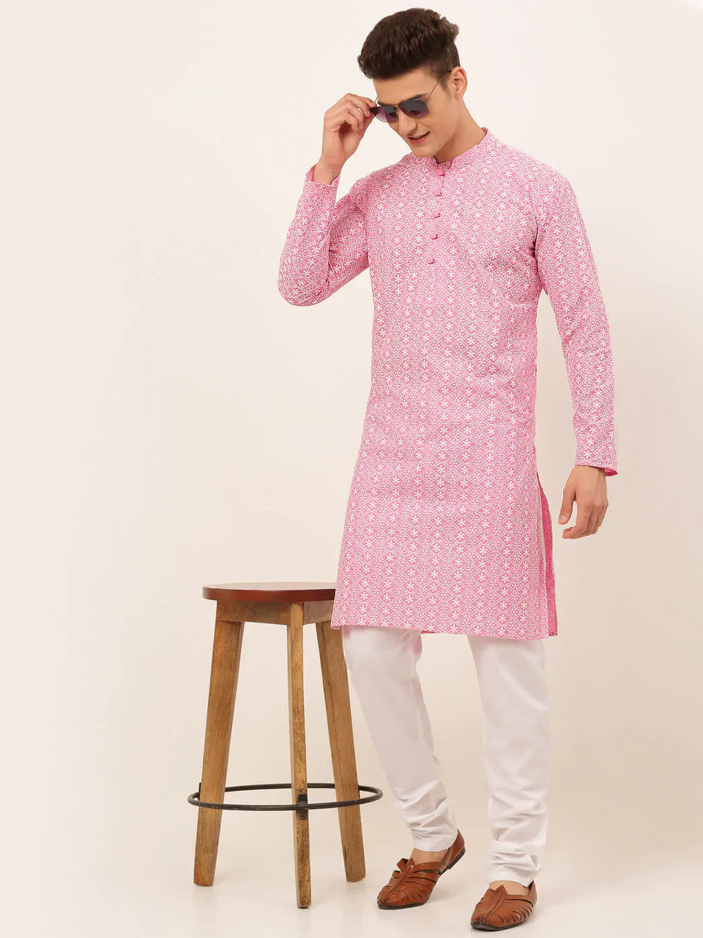 Jompers Men's Pink & White Embroidered Straight Kurta