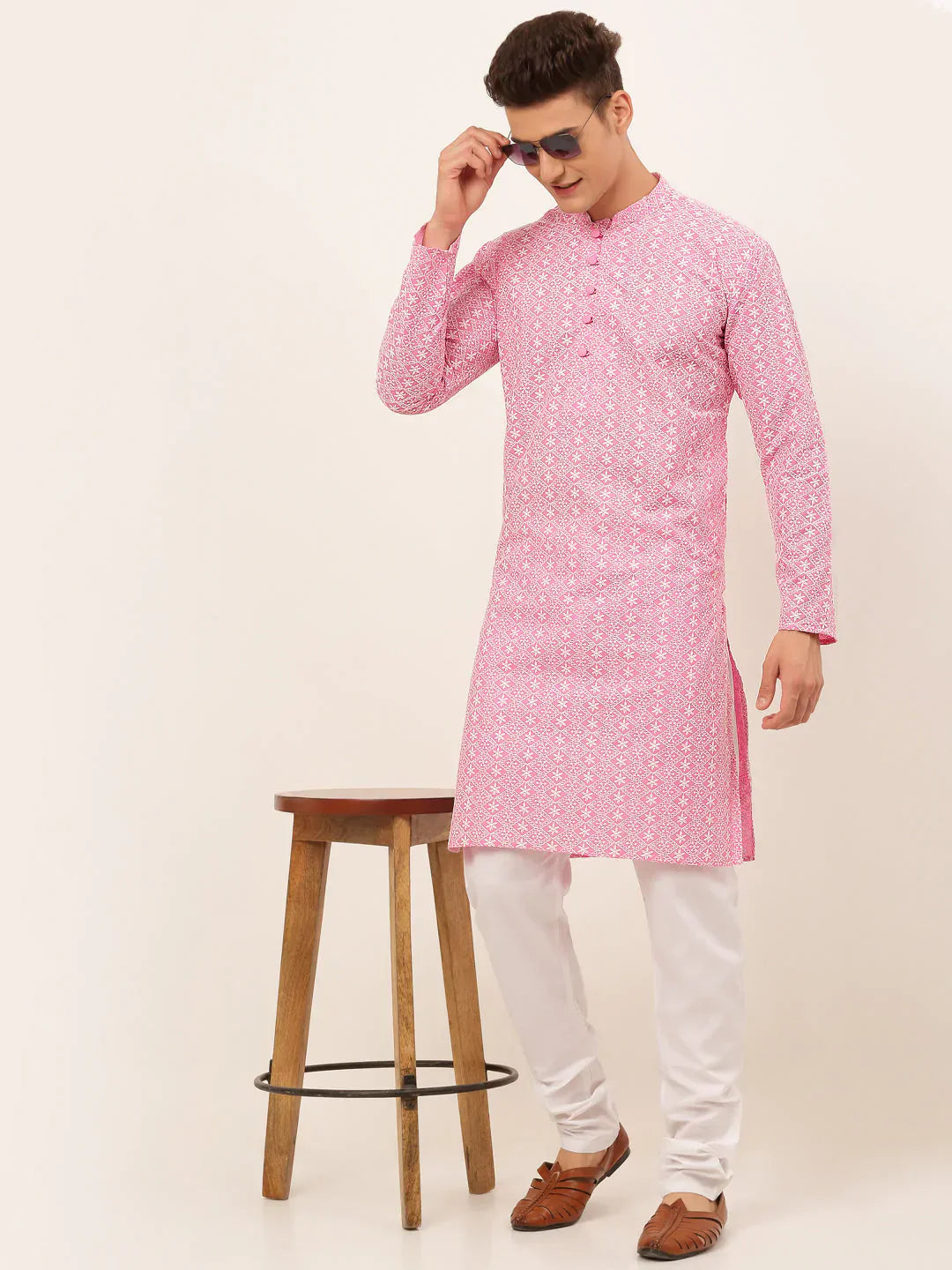 Jompers Men's Pink & White Embroidered Straight Kurta