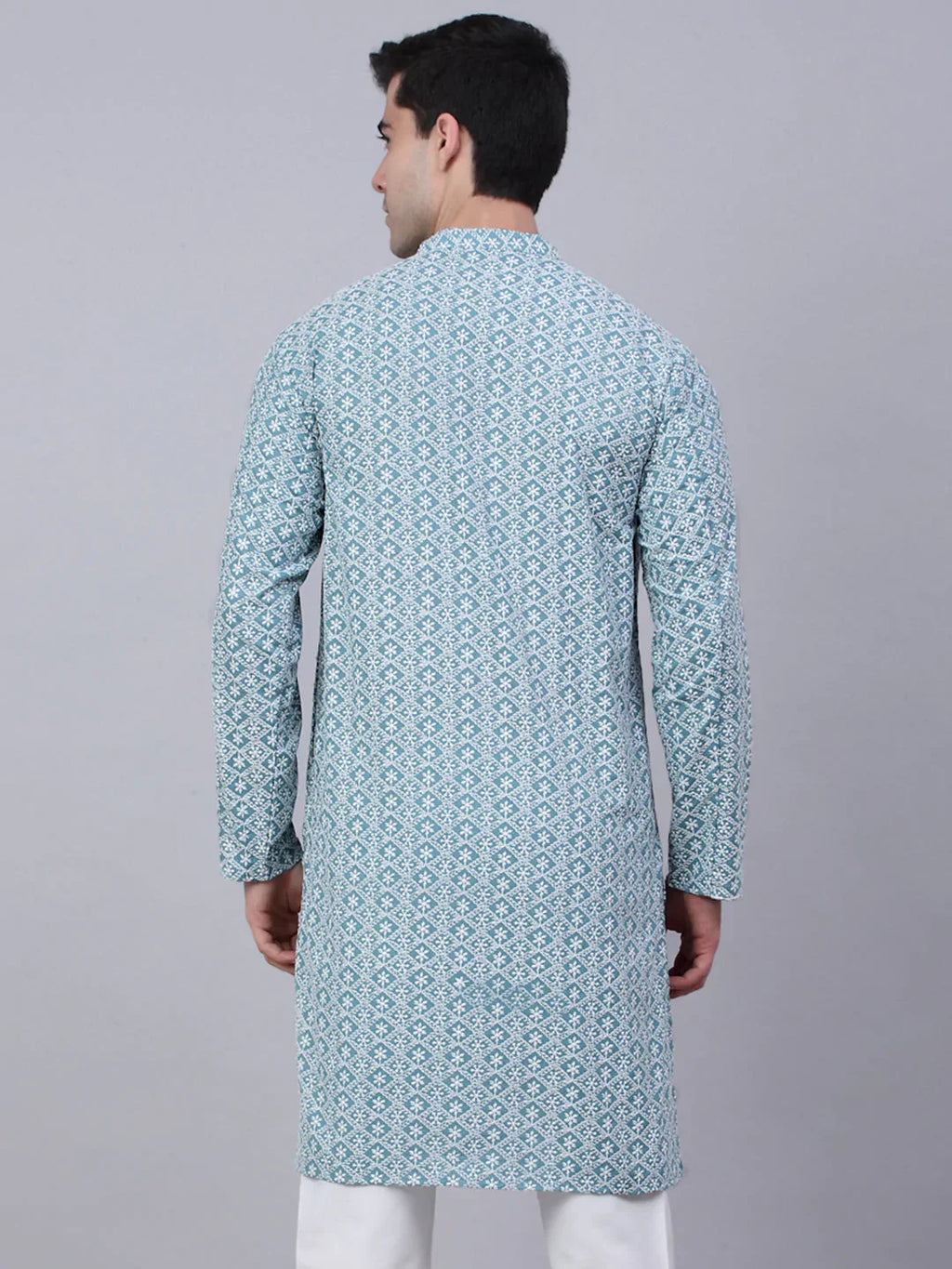 Jompers Men's Teal Blue & White embroidered Straight Kurta
