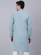 Jompers Men's Teal Blue & White embroidered Straight Kurta