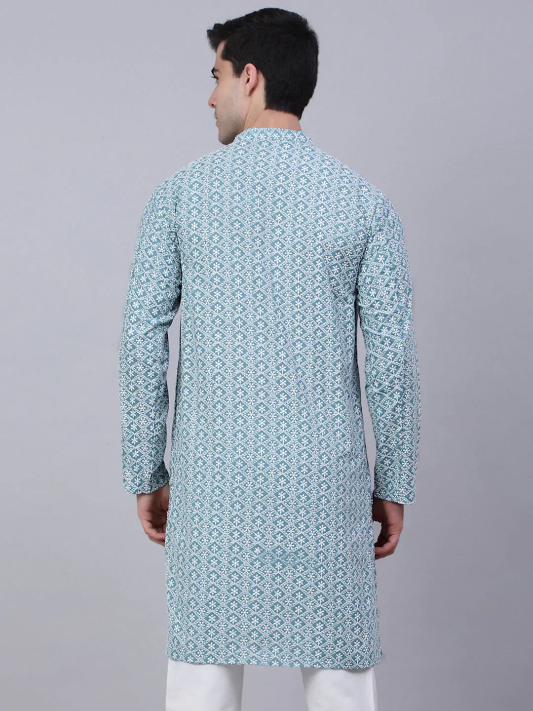 Jompers Men's Teal Blue & White embroidered Straight Kurta
