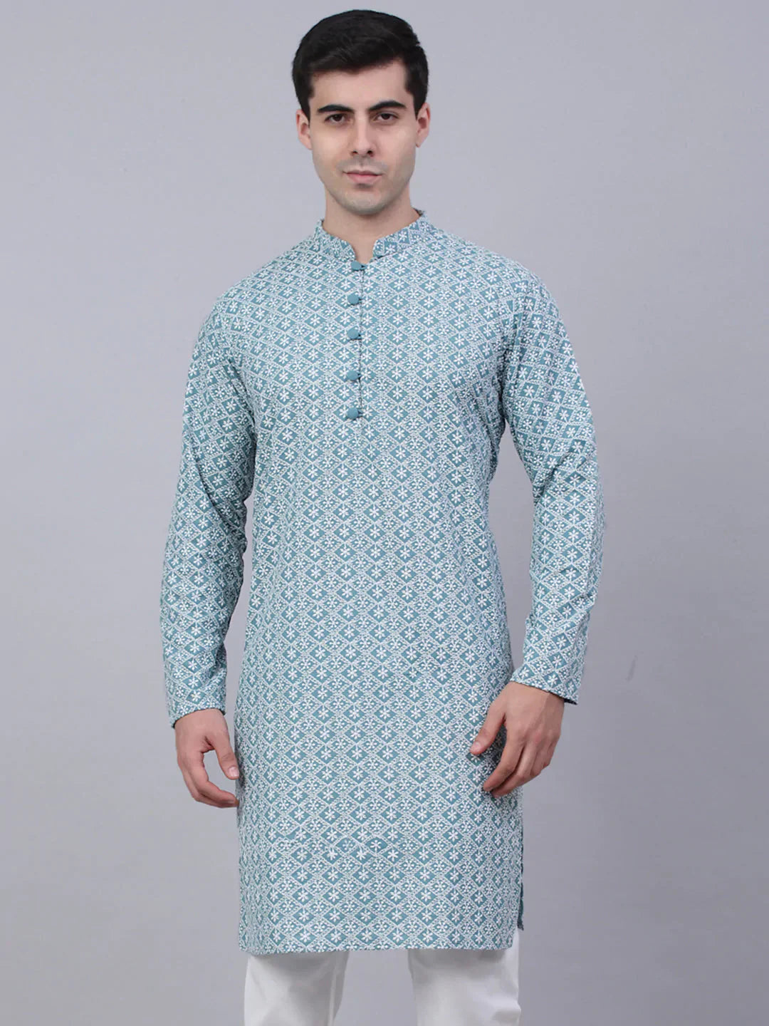 Jompers Men's Teal Blue & White embroidered Straight Kurta