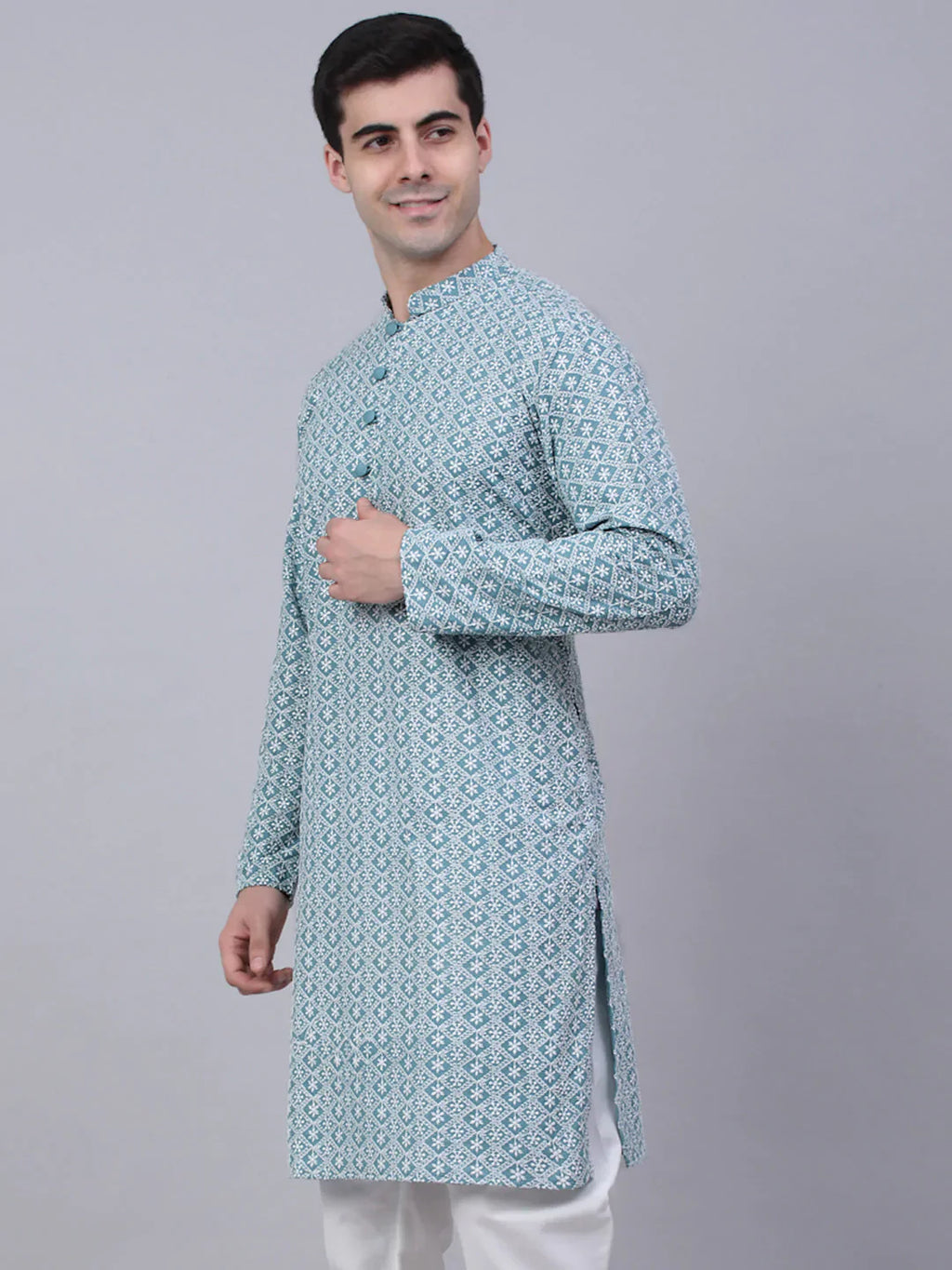 Jompers Men's Teal Blue & White embroidered Straight Kurta