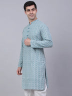 Jompers Men's Teal Blue & White embroidered Straight Kurta