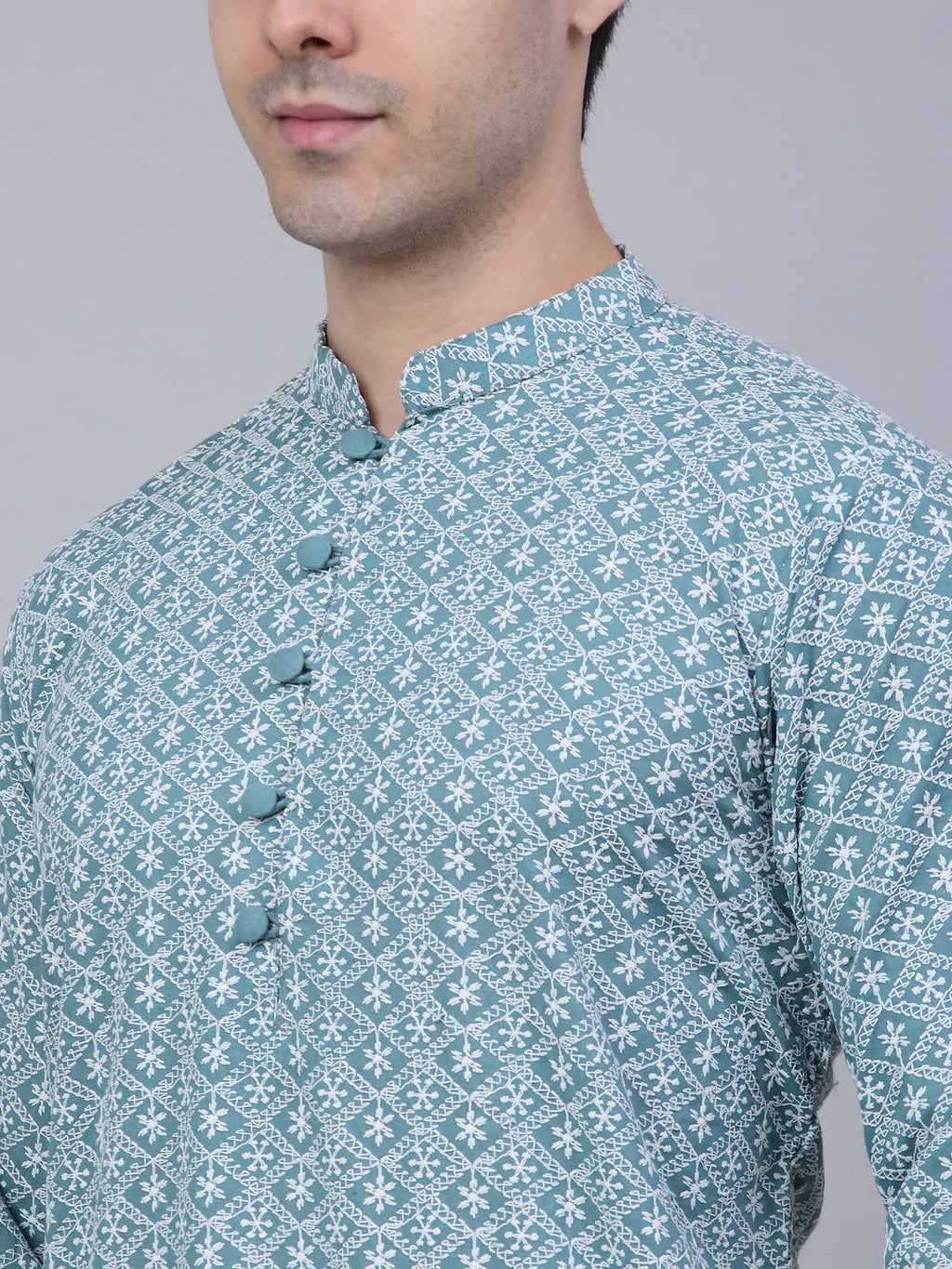 Jompers Men's Teal Blue & White embroidered Straight Kurta