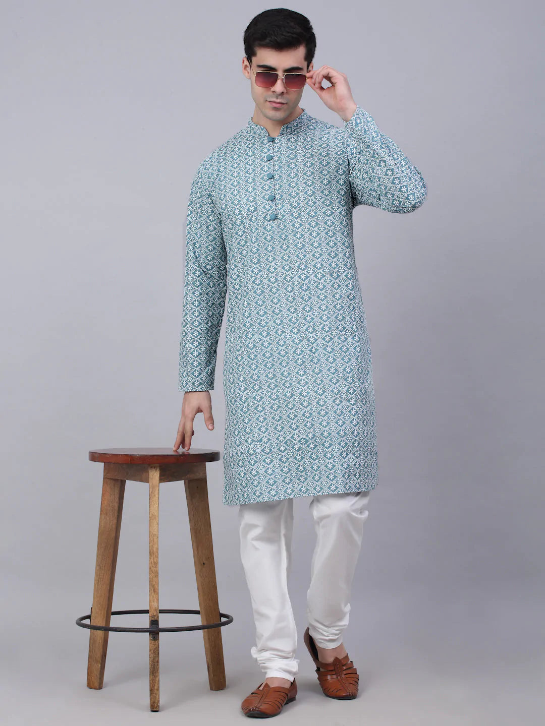 Jompers Men's Teal Blue & White embroidered Straight Kurta