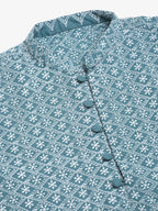 Jompers Men's Teal Blue & White embroidered Straight Kurta