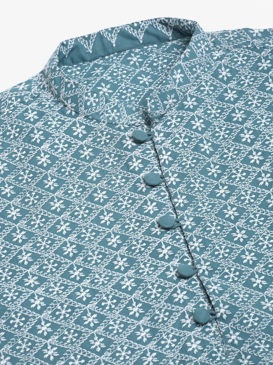 Jompers Men's Teal Blue & White embroidered Straight Kurta
