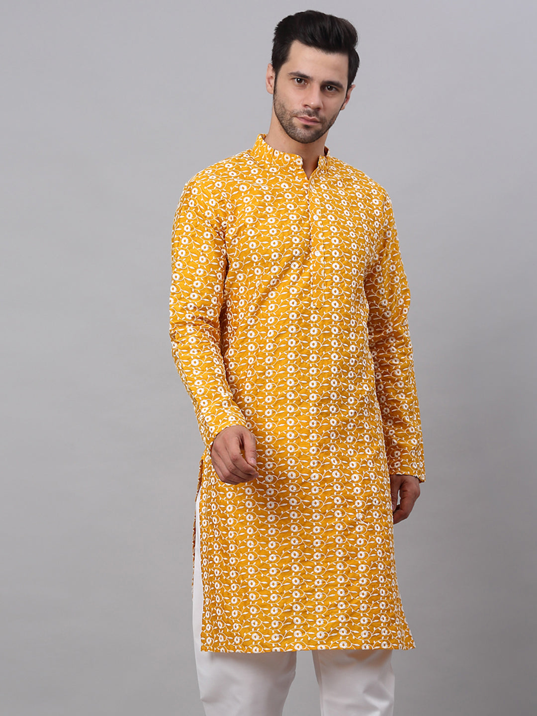 Jompers Men's Mustard Embroidered Dupion Silk Kurta