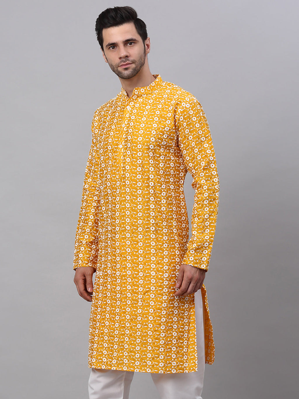 Jompers Men's Mustard Embroidered Dupion Silk Kurta