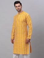 Jompers Men's Mustard Embroidered Dupion Silk Kurta