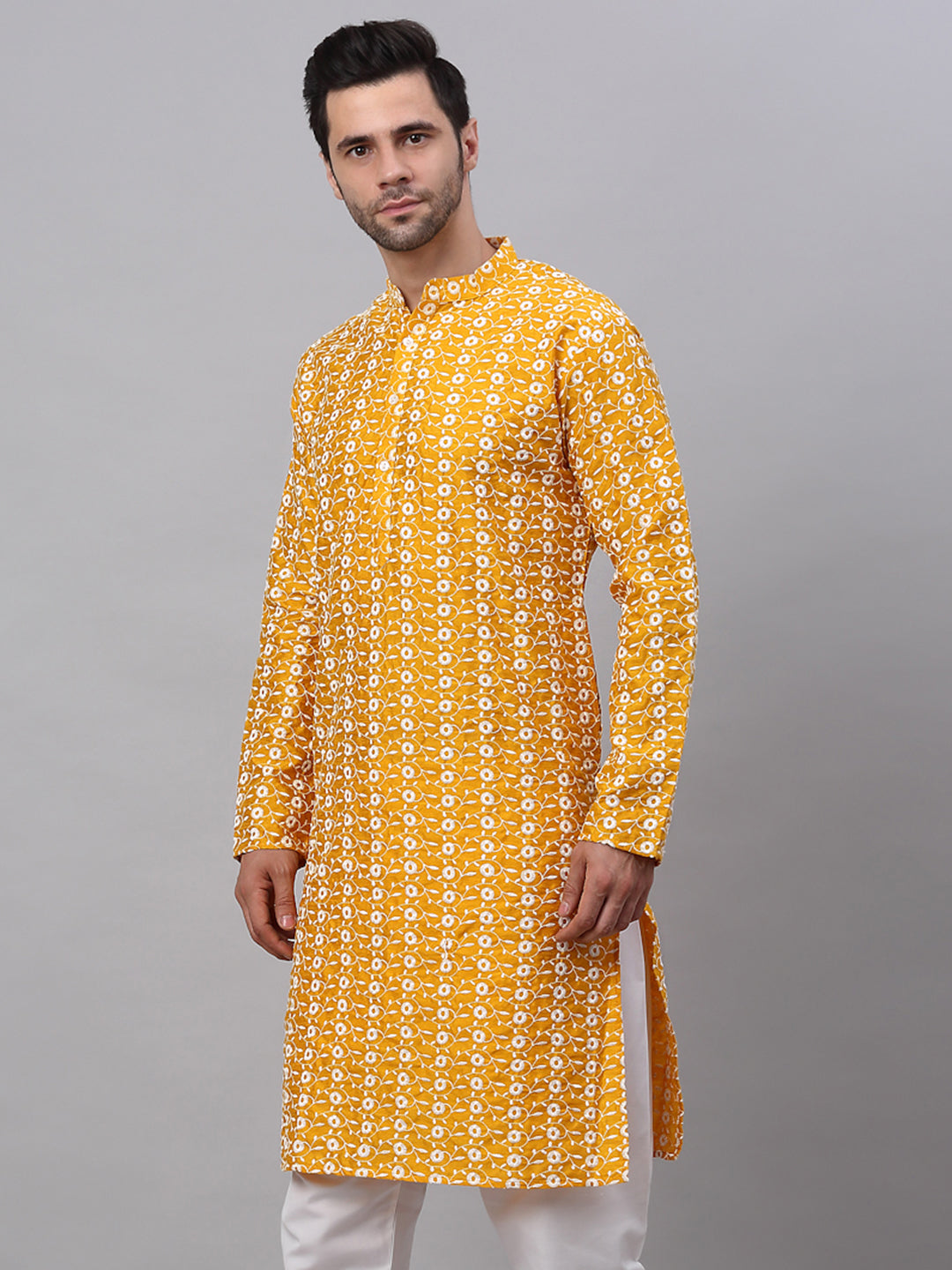 Jompers Men's Mustard Embroidered Dupion Silk Kurta