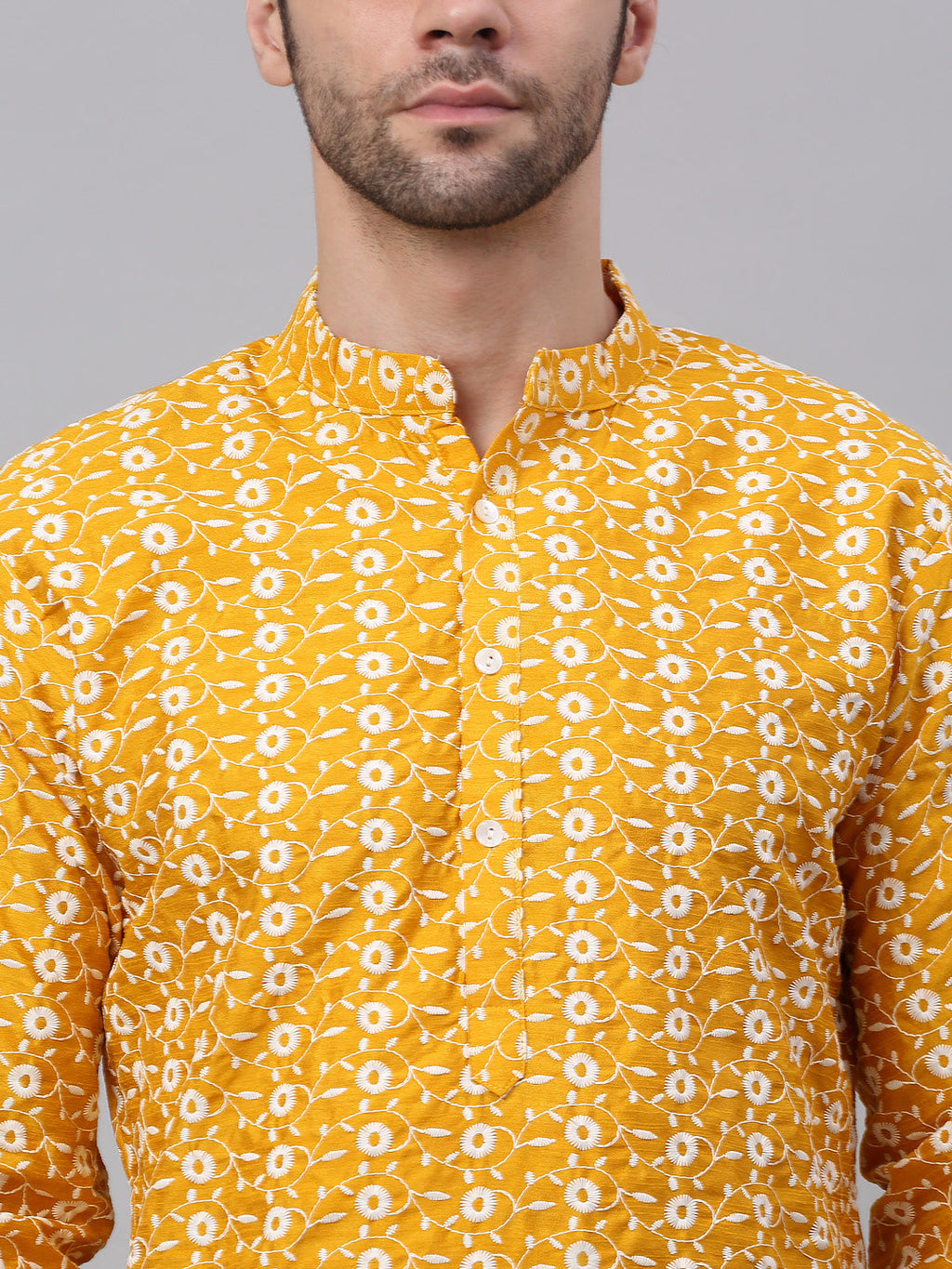Jompers Men's Mustard Embroidered Dupion Silk Kurta