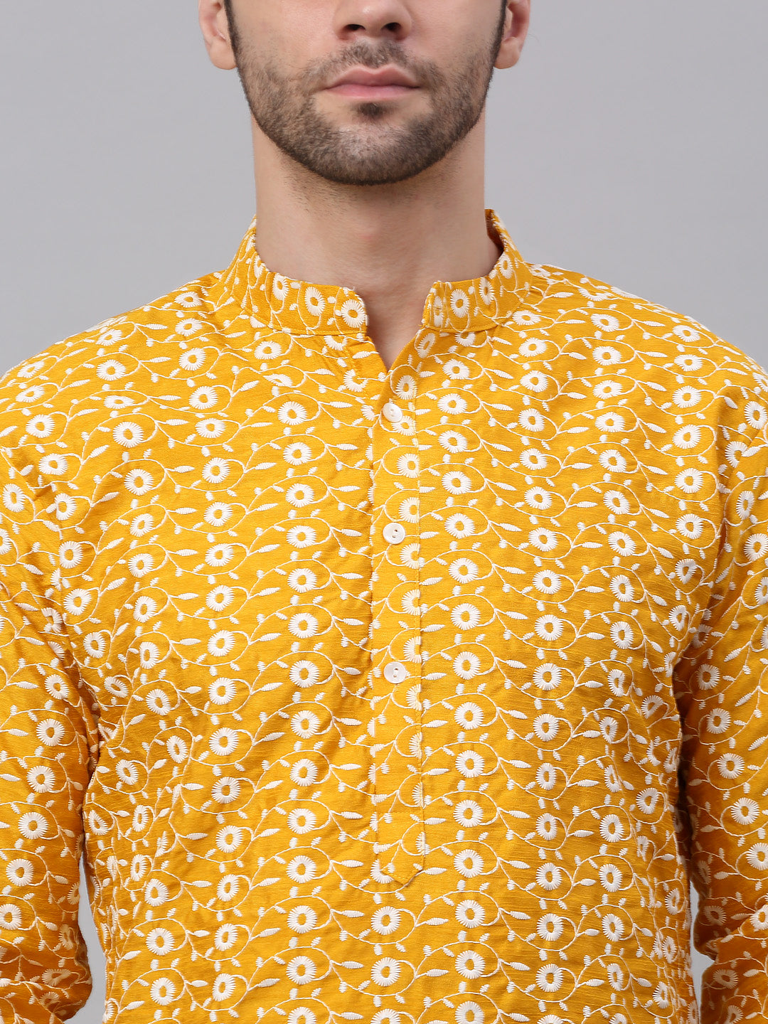 Jompers Men's Mustard Embroidered Dupion Silk Kurta