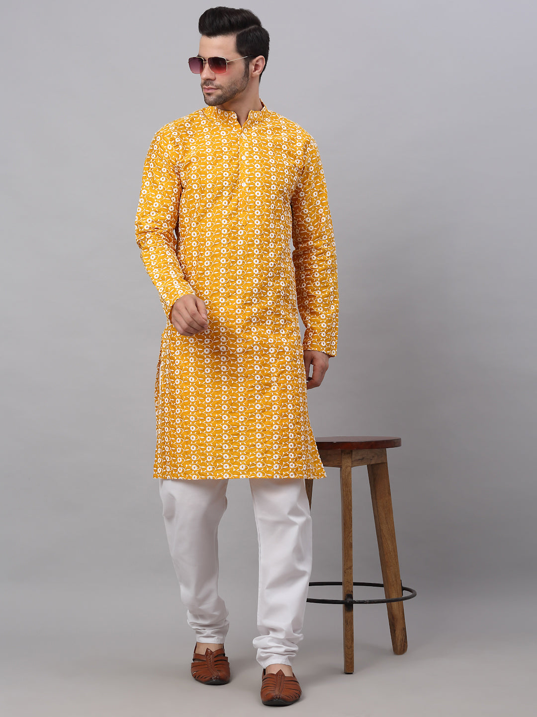 Jompers Men's Mustard Embroidered Dupion Silk Kurta