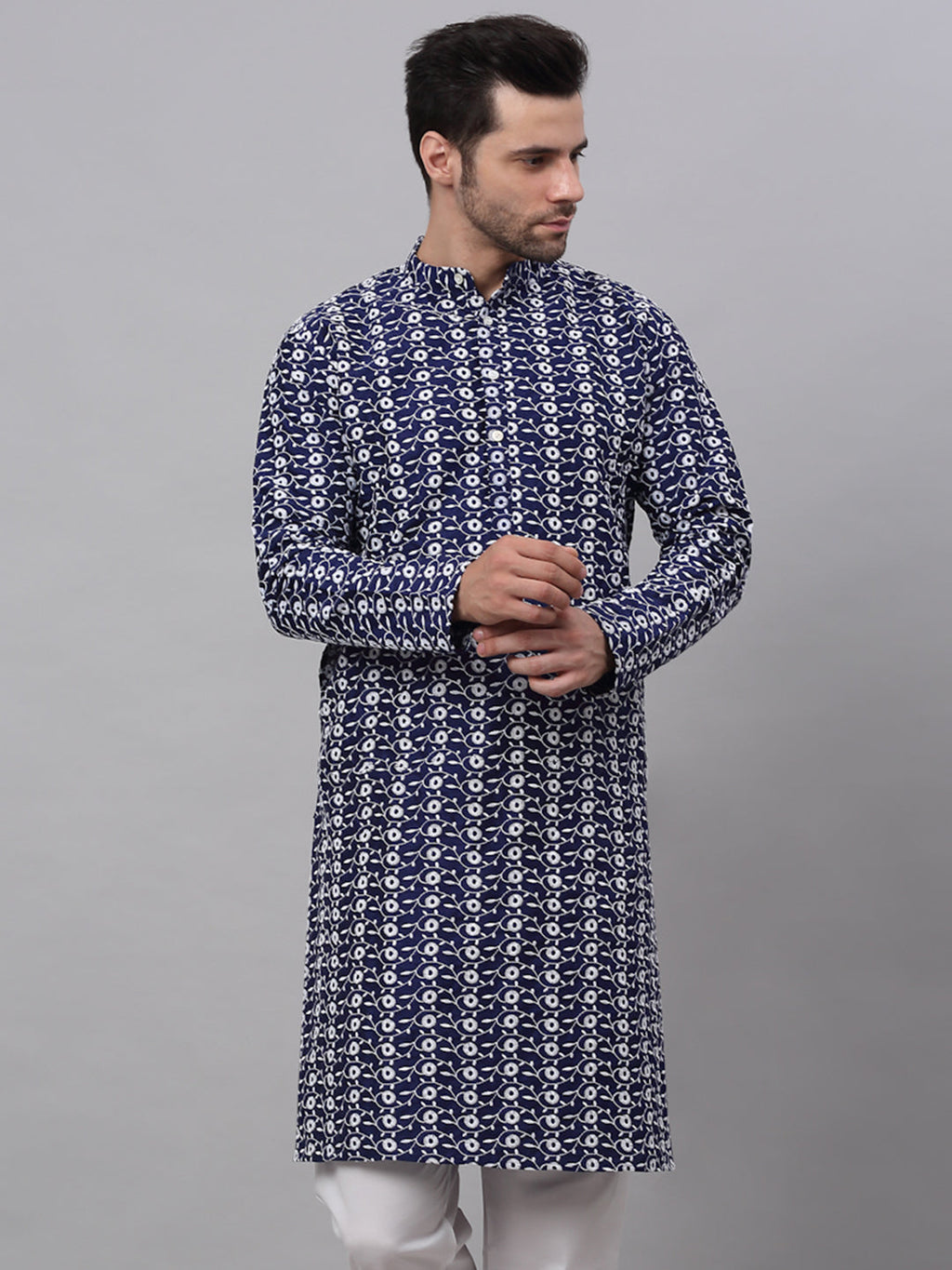 Jompers Men's Navy Blue Embroidered Dupion Silk Kurta