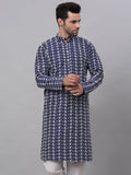 Jompers Men's Navy Blue Embroidered Dupion Silk Kurta