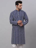 Jompers Men's Navy Blue Embroidered Dupion Silk Kurta