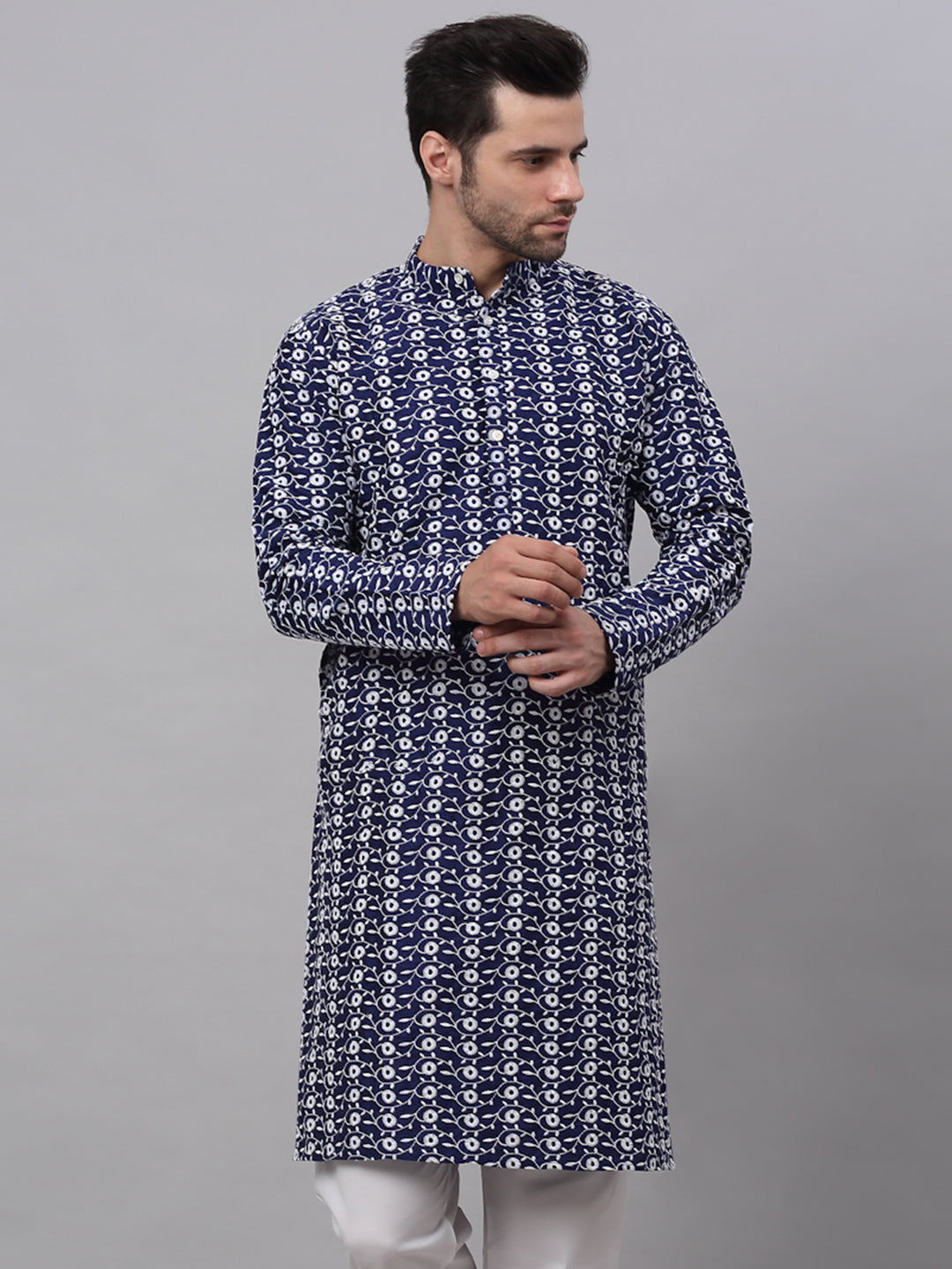 Jompers Men's Navy Blue Embroidered Dupion Silk Kurta