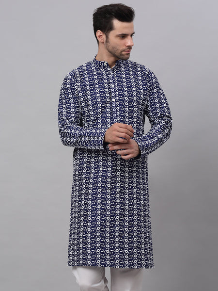 Jompers Men's Navy Blue Embroidered Dupion Silk Kurta