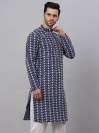 Jompers Men's Navy Blue Embroidered Dupion Silk Kurta