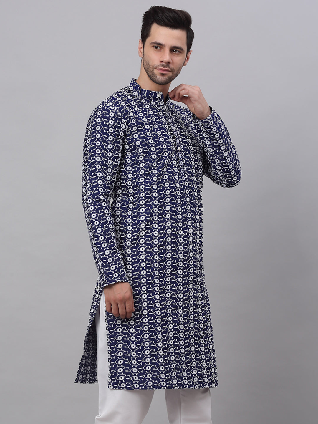 Jompers Men's Navy Blue Embroidered Dupion Silk Kurta