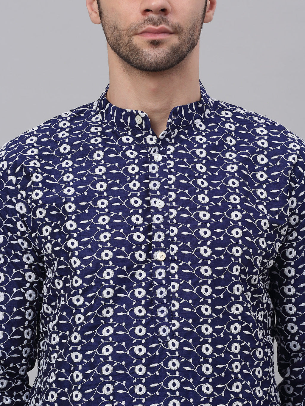 Jompers Men's Navy Blue Embroidered Dupion Silk Kurta