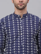 Jompers Men's Navy Blue Embroidered Dupion Silk Kurta
