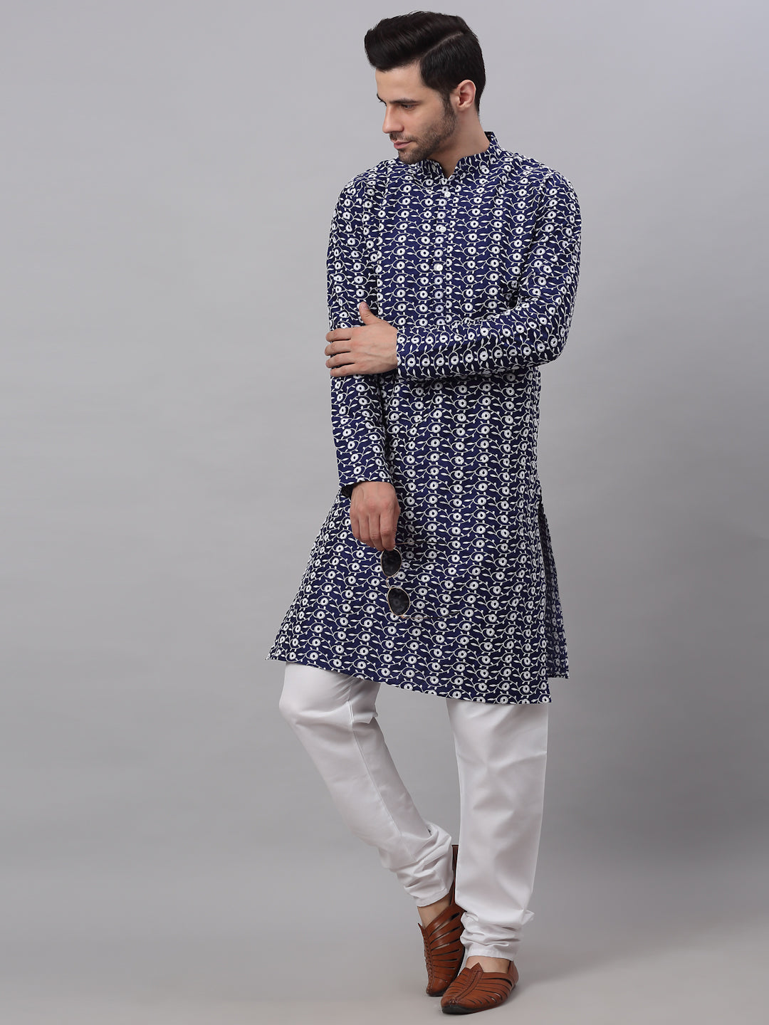 Jompers Men's Navy Blue Embroidered Dupion Silk Kurta
