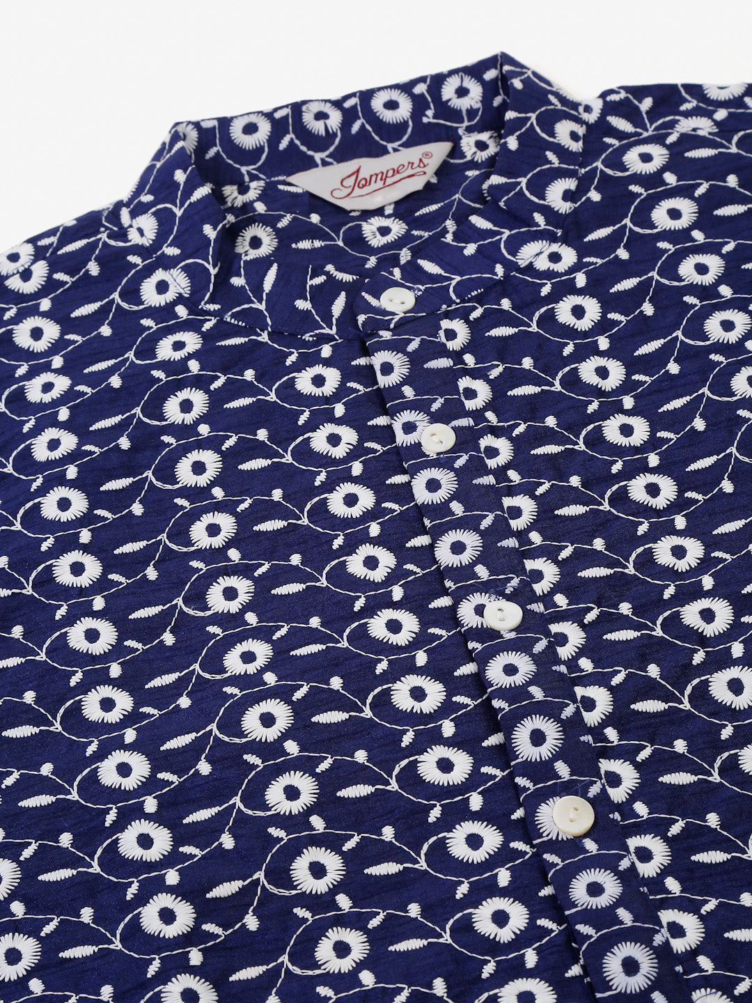 Jompers Men's Navy Blue Embroidered Dupion Silk Kurta