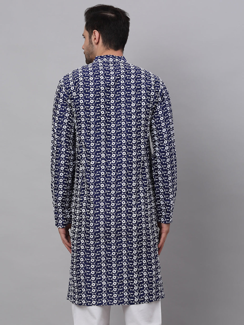 Jompers Men's Navy Blue Embroidered Dupion Silk Kurta