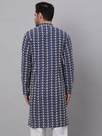 Jompers Men's Navy Blue Embroidered Dupion Silk Kurta