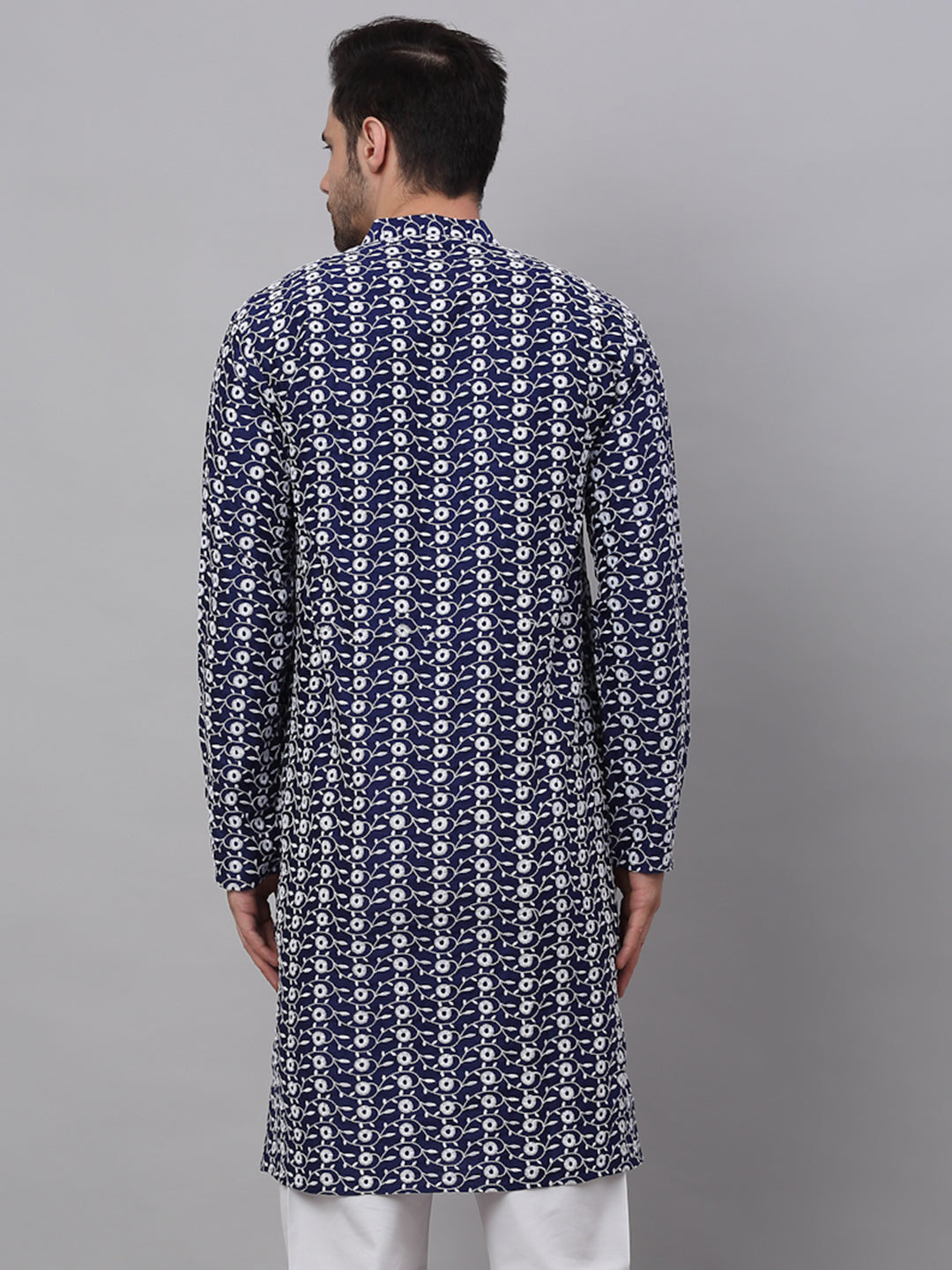 Jompers Men's Navy Blue Embroidered Dupion Silk Kurta