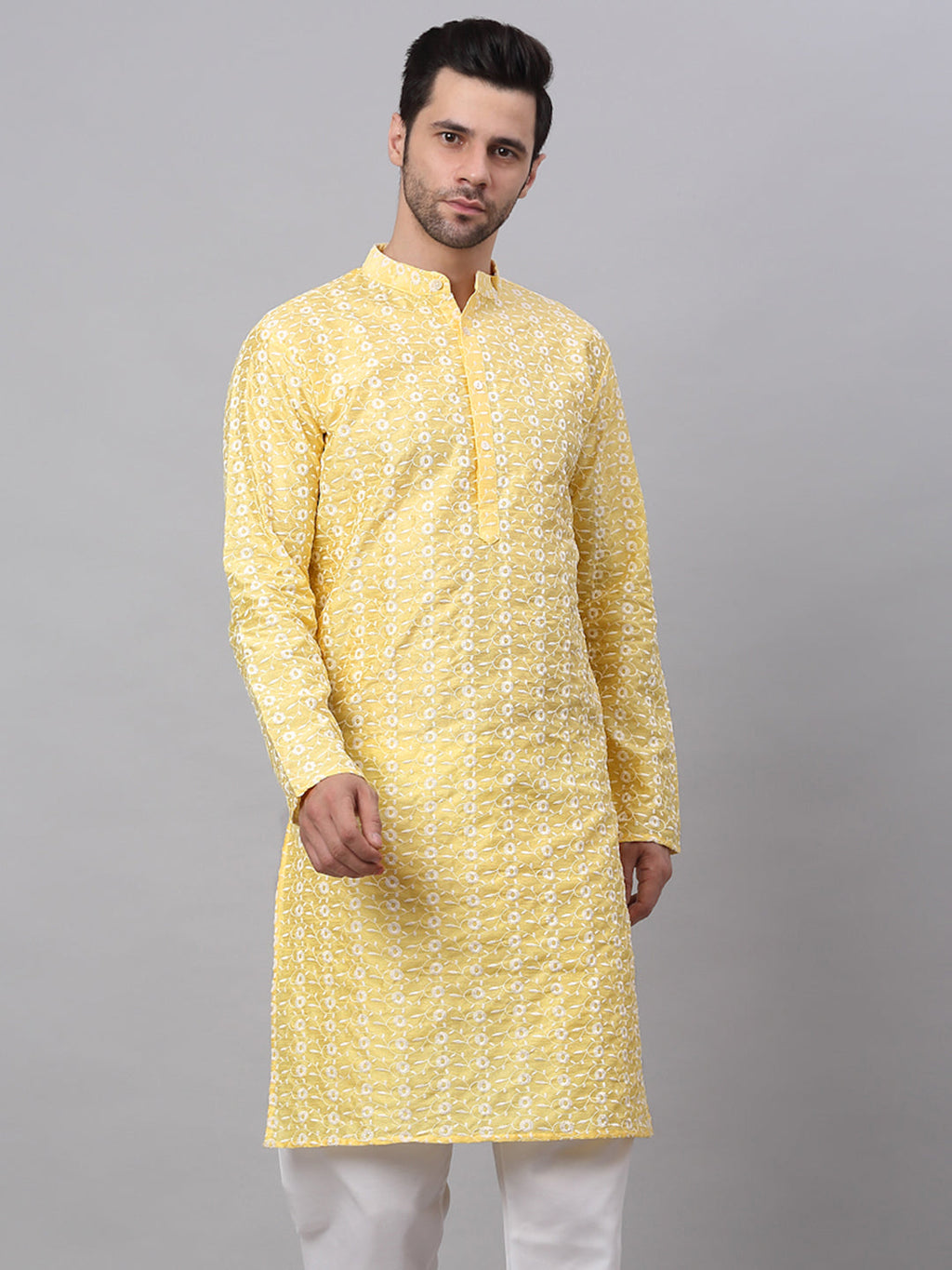 Jompers Men's Yellow Embroidered Dupion Silk Kurta