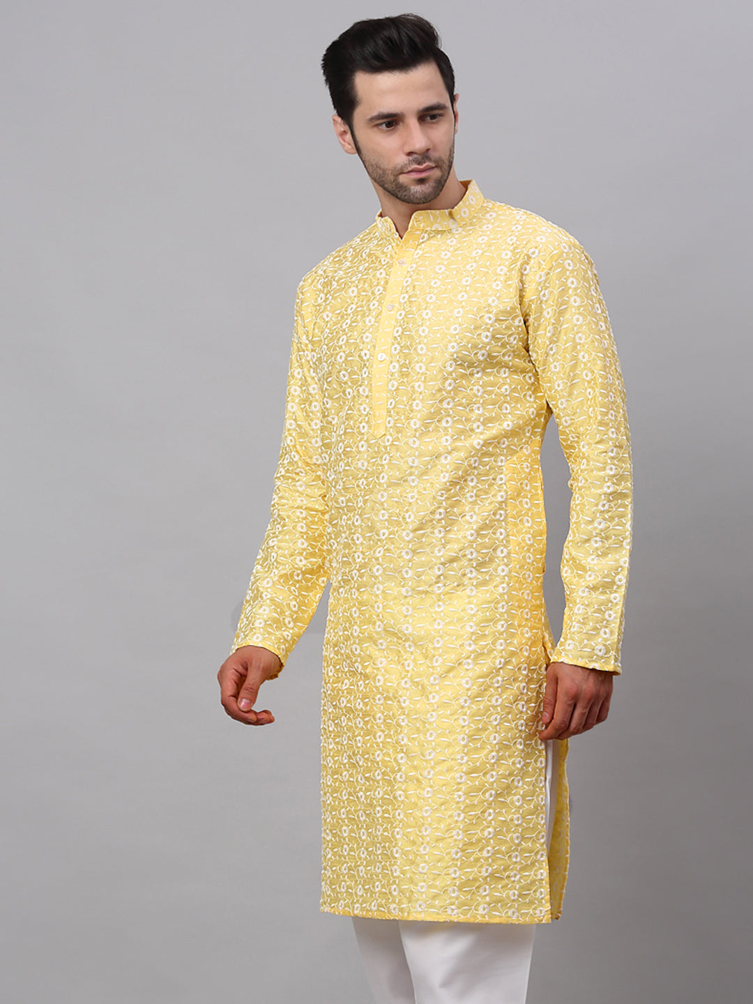 Jompers Men's Yellow Embroidered Dupion Silk Kurta
