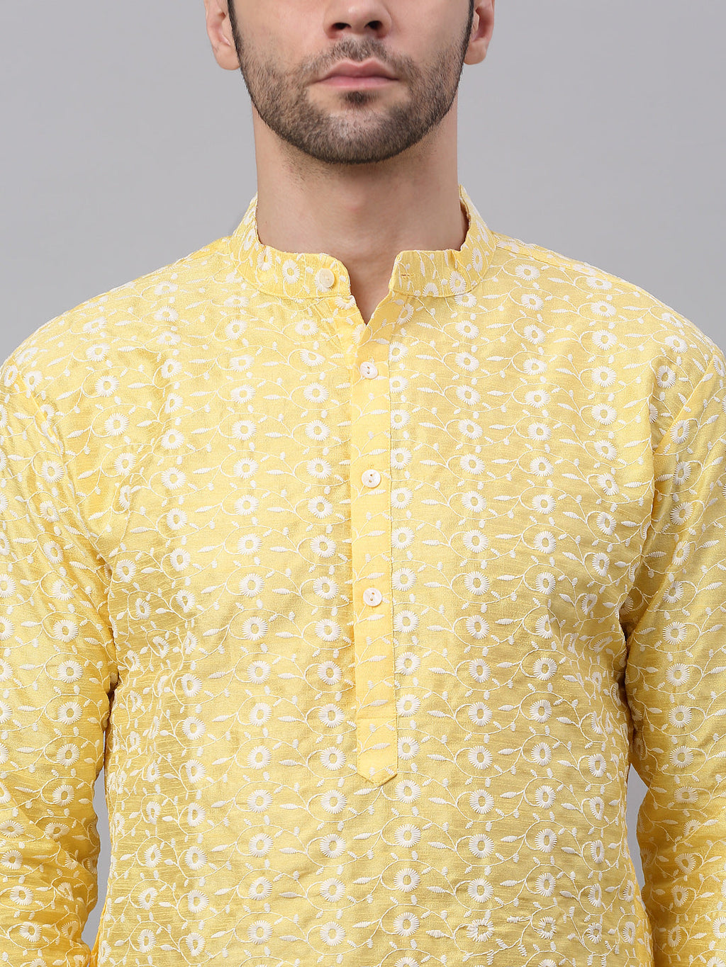 Jompers Men's Yellow Embroidered Dupion Silk Kurta