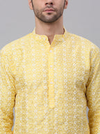 Jompers Men's Yellow Embroidered Dupion Silk Kurta