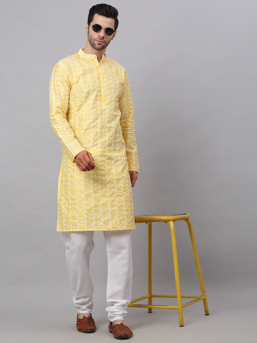 Jompers Men's Yellow Embroidered Dupion Silk Kurta