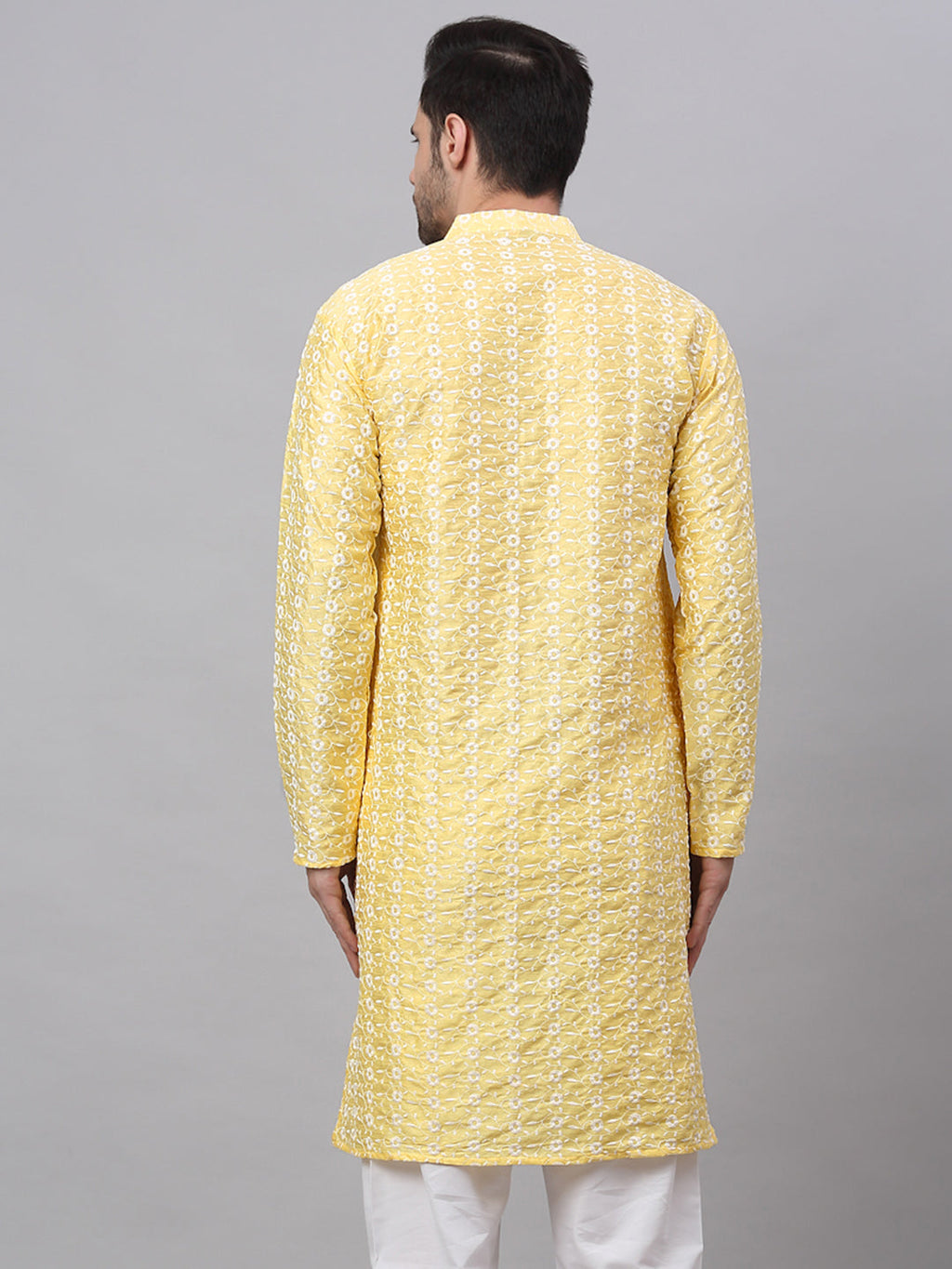 Jompers Men's Yellow Embroidered Dupion Silk Kurta