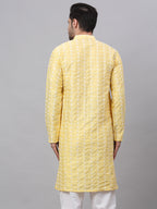 Jompers Men's Yellow Embroidered Dupion Silk Kurta